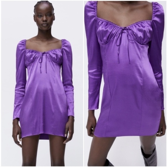 Zara Gathered Satin Mini Long Sleeve Mini Dress in Purple - Picture 1 of 14